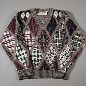 Crossings Sweater Mens Medium Multicolor Argyle Patchwork V-Neck 100% Cotton USA